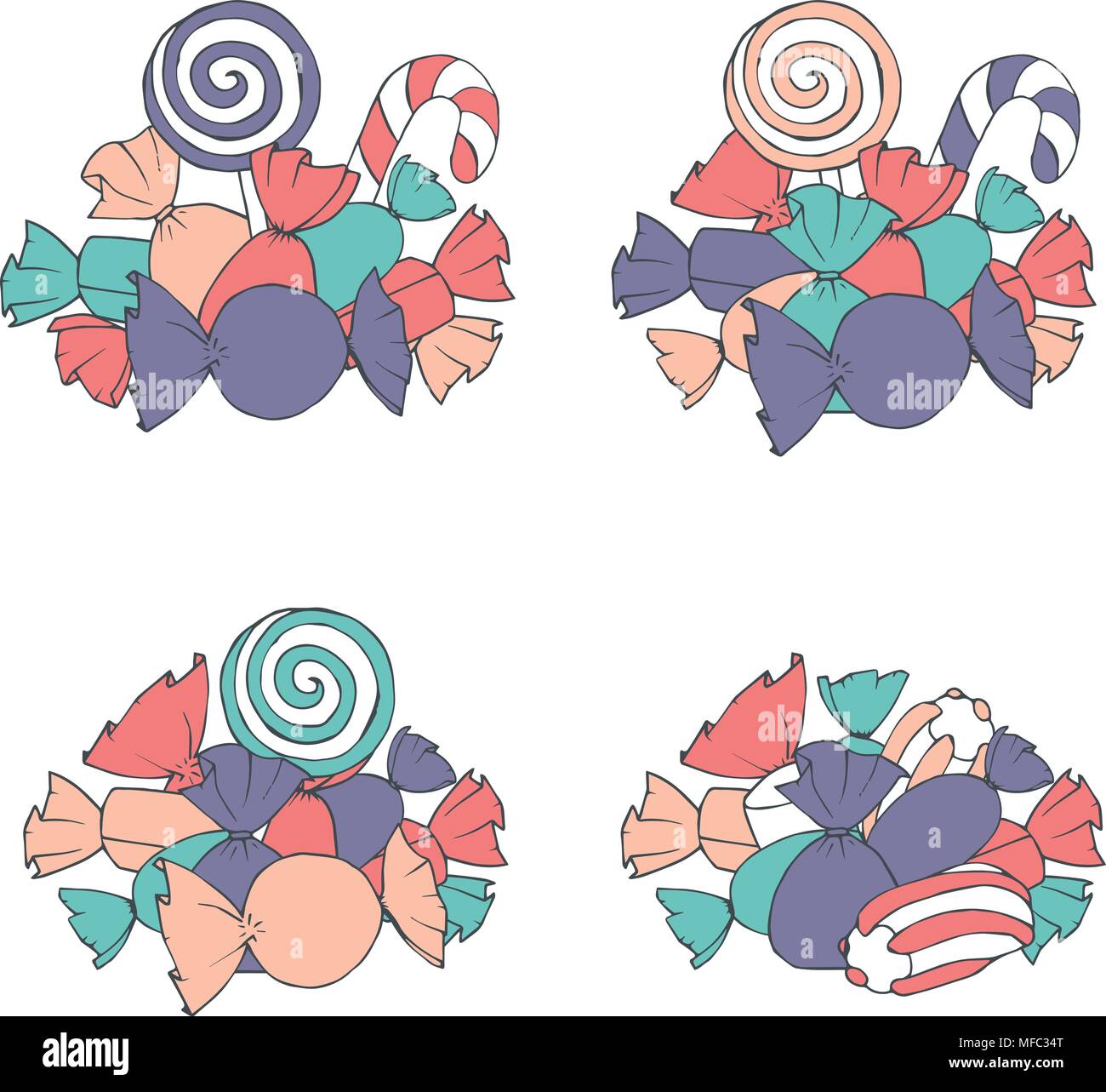 Hand drawn vector set de guimauves et pieux bonbons enveloppés isolé sur le fond blanc. Décoration avec des bonbons de couleurs vives. Illustration de Vecteur