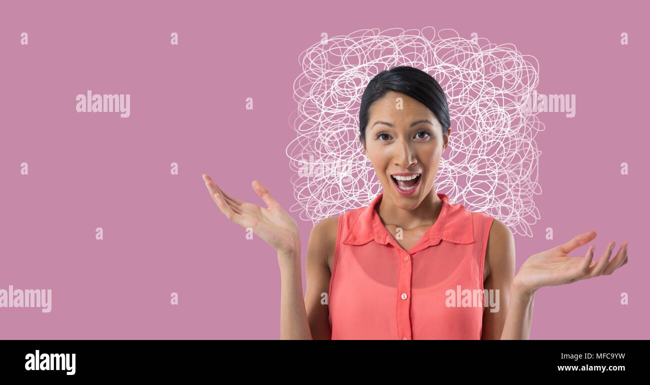 Surpris femme avec squiggly doodles sur fond rose Banque D'Images