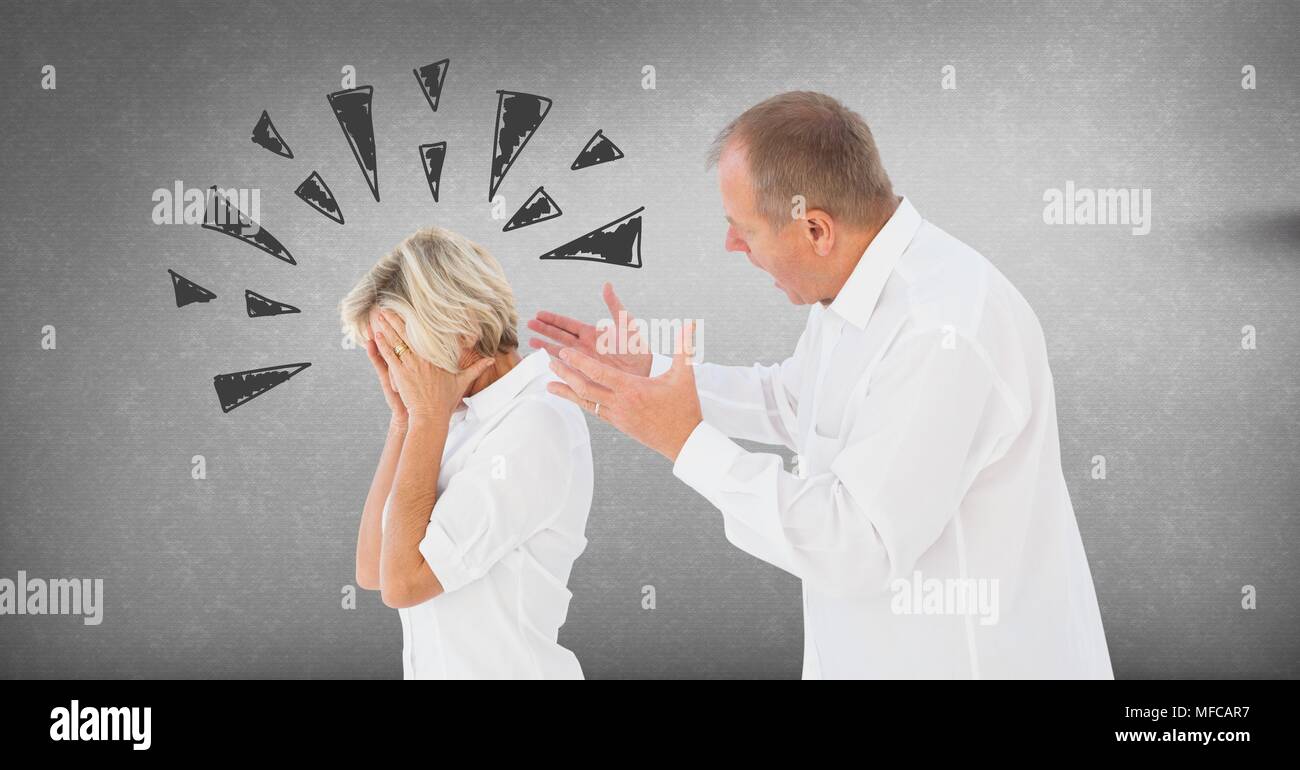 Couple arguing et combats avec triangle doodles sur fond gris Banque D'Images