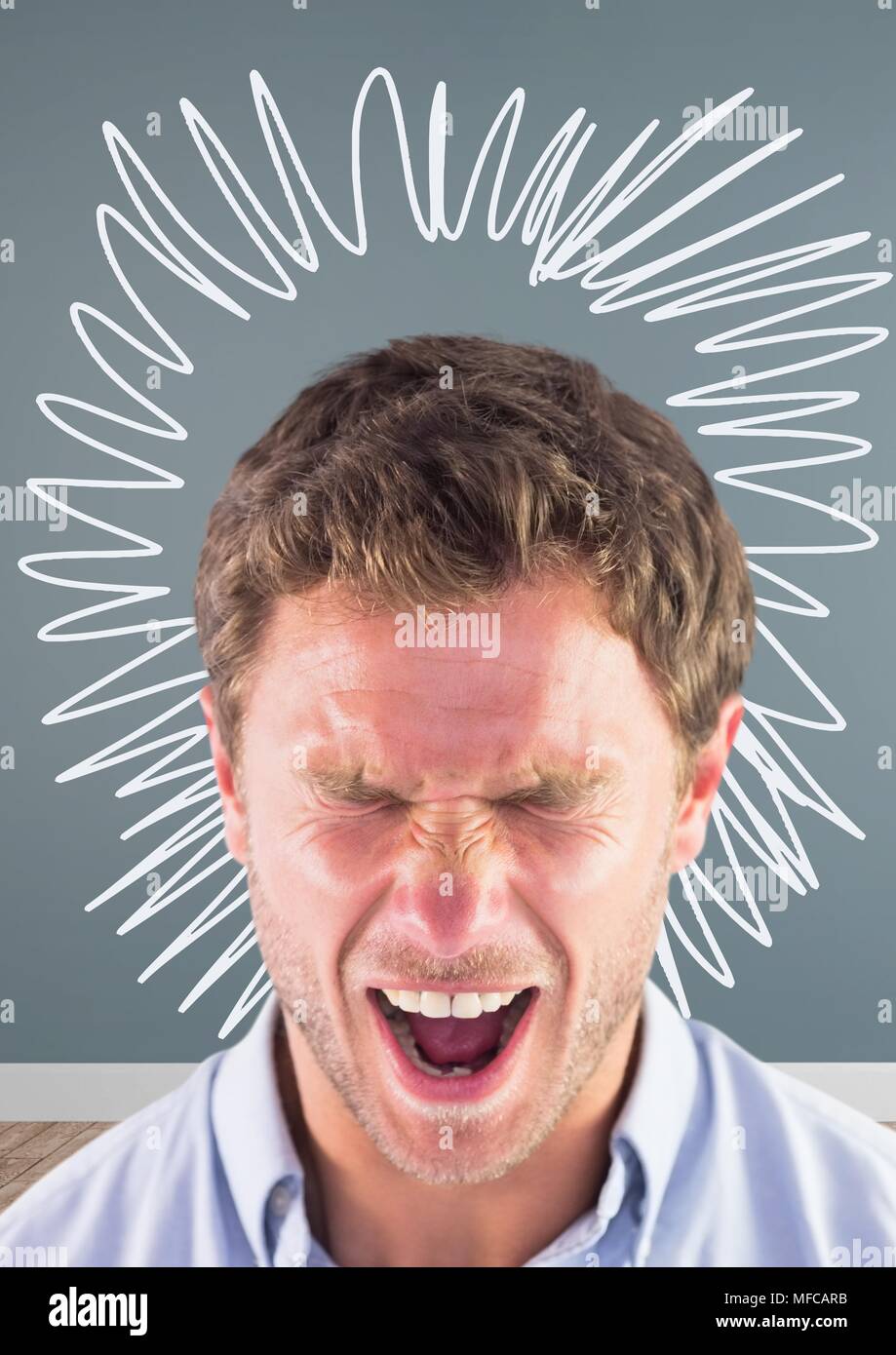 L'homme criant de rage et de frustration avec doodle cercle dans la salle Banque D'Images