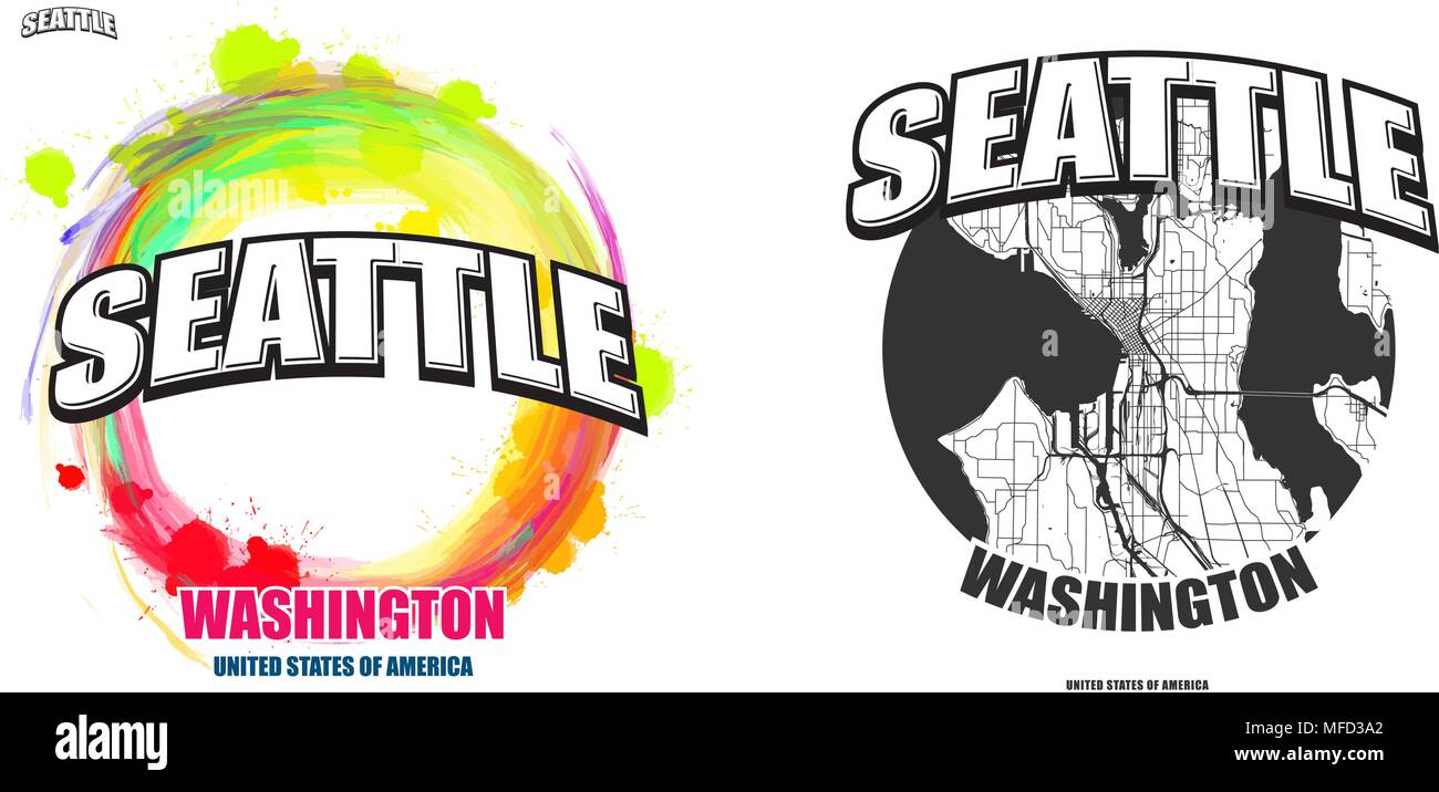 Seattle, Washington, logo design. Deux en un avec le logo vector art. grandes lettres vintage avec une belle couleur de fond et une couleur-version avec la carte fo Illustration de Vecteur