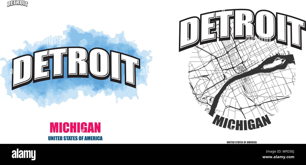 Detroit, Michigan, logo design. Deux en un avec le logo vector art. grandes lettres vintage avec une belle couleur de fond et une couleur-version avec carte pour Illustration de Vecteur