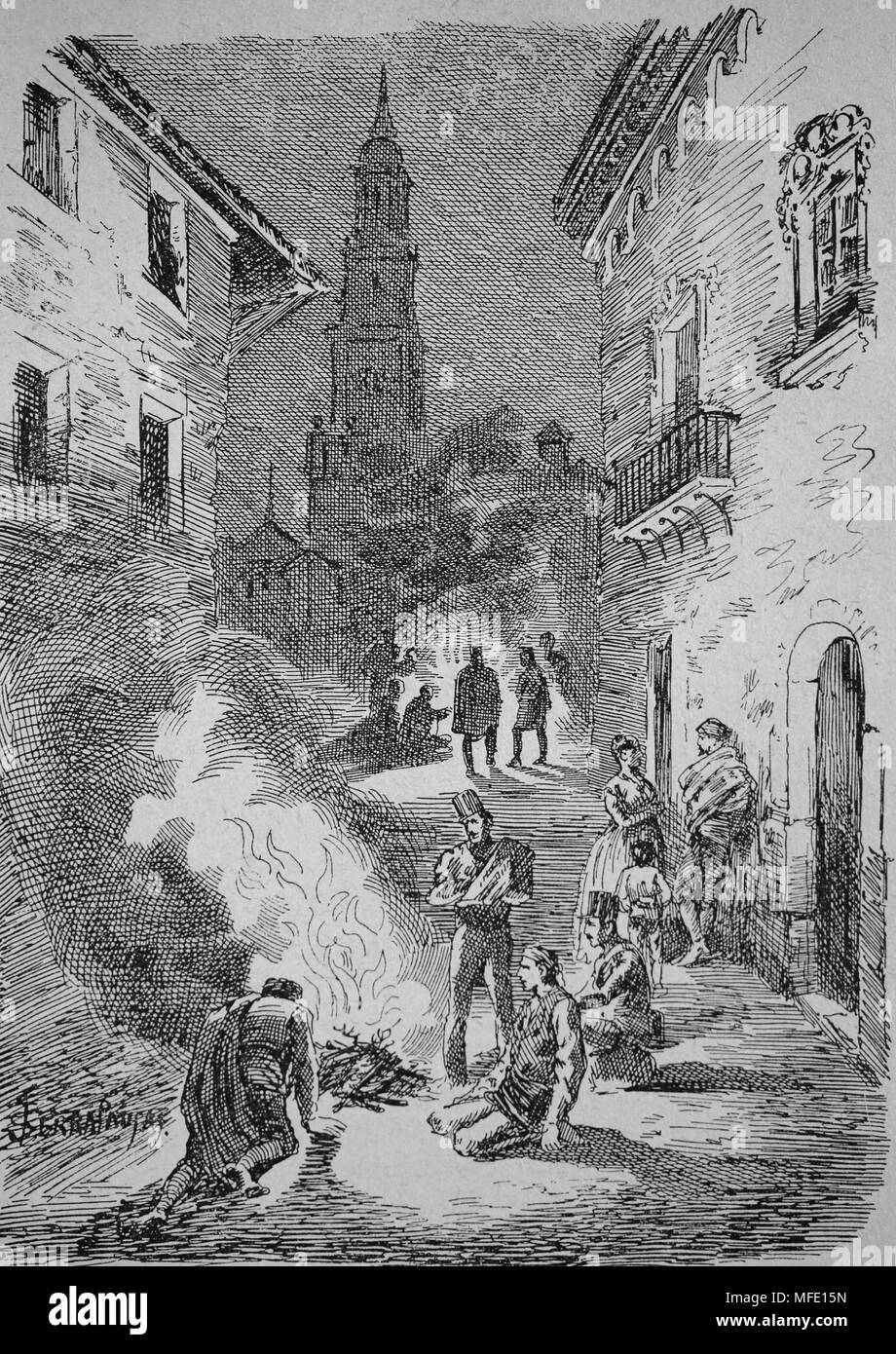 Premier siège de Saragosse. La guerre péninsulaire (1807-1814). Rue de la ville au cours de l'emplacement. Gravure, 19ème siècle. Banque D'Images