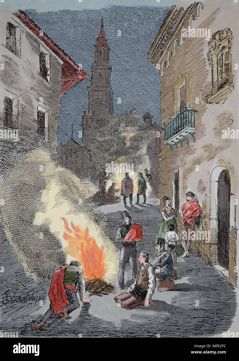 Premier siège de Saragosse. La guerre péninsulaire (1807-1814). Rue de la ville au cours de l'emplacement. Gravure, 19ème siècle. Banque D'Images