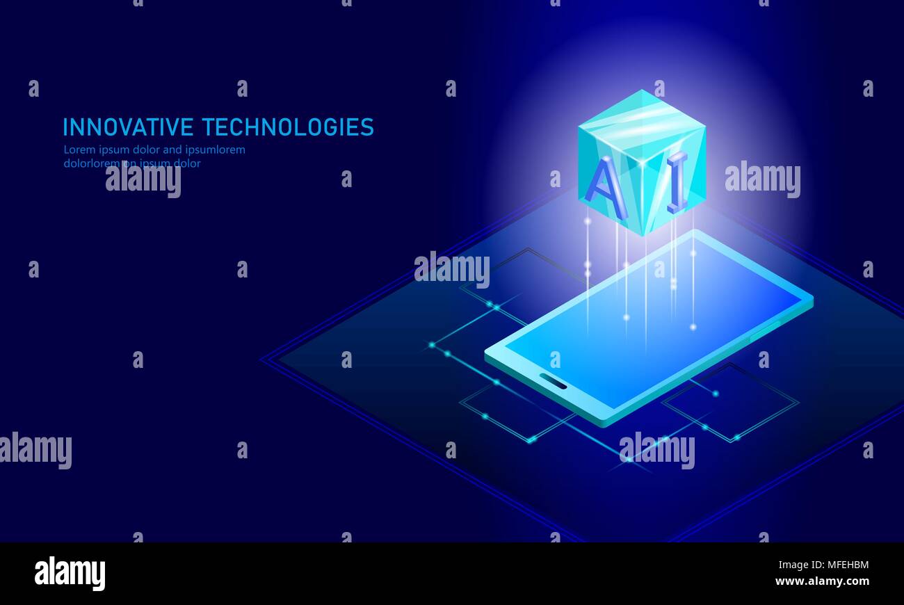 L'intelligence artificielle isométrique concept d'entreprise. Rougeoyant bleu connexion de données d'information personnelle isométrique smartphone pc technologie de l'avenir. Vector illustration infographie 3D Illustration de Vecteur