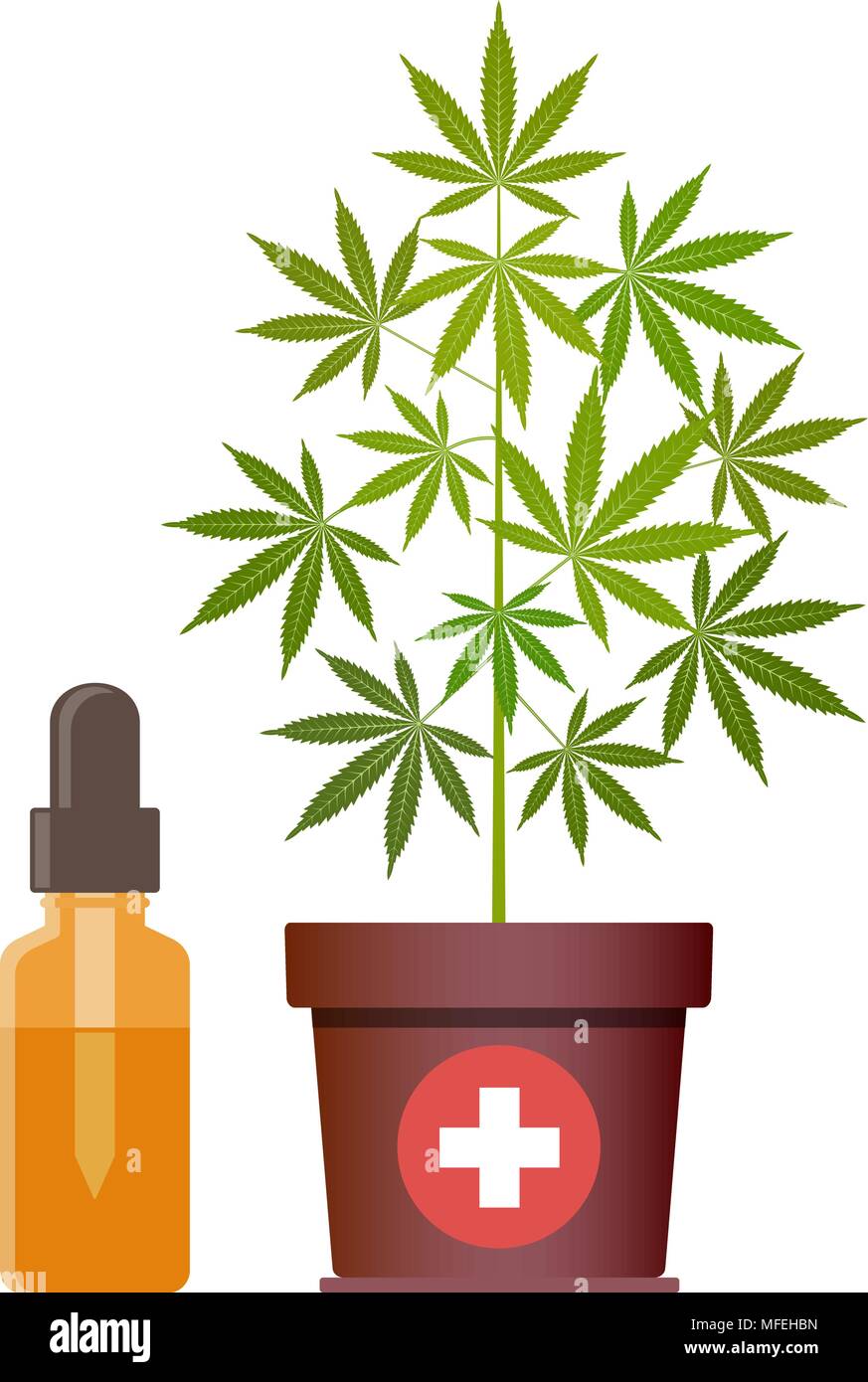 Usine de marijuana et compte-gouttes avec de l'huile de la CDB. L'huile de cannabis. La marijuana médicale. CBD huile de chanvre produits. Bouteille de verre d'huile des maquettes. Extrait de cannabis. Isolé Illustration de Vecteur