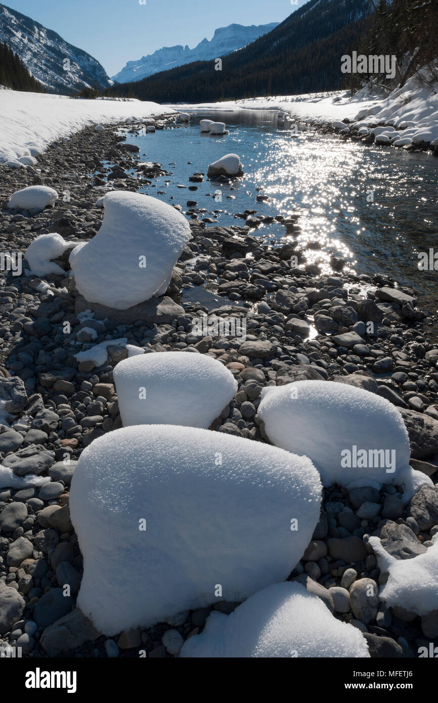 La rivière Saskatchewan Nord en hiver, près de la Paroi en pleurs, Banff National Park, Alberta, Canada. Banque D'Images