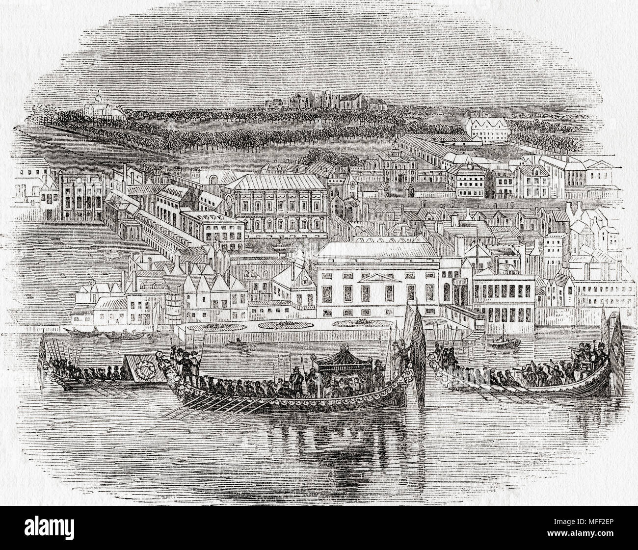 Le Palais de Whitehall et bâtiments adjacents avec une procession aquatique Royal au premier plan. À partir de la vieille Angleterre : A Pictorial Museum, publié 1847. Banque D'Images Le Palais de Whitehall et bâtiments adjacents avec une procession aquatique Royal au premier plan. À partir de la vieille Angleterre : A Pictorial Museum, publié 1847. Banque D'Images