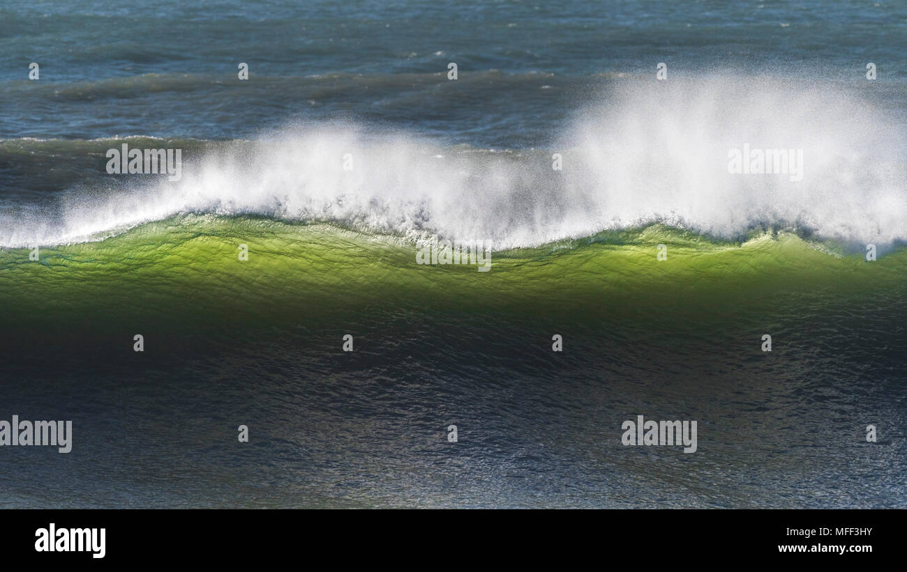 La lumière du soleil de fin de soirée brillant par une grande vague à briser dans Fistral Newquay en Cornouailles. Banque D'Images