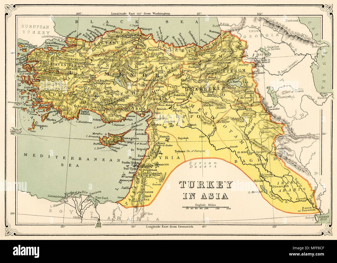 Carte de la Turquie en Asie, en 1870. Lithographie couleur imprimée Banque D'Images