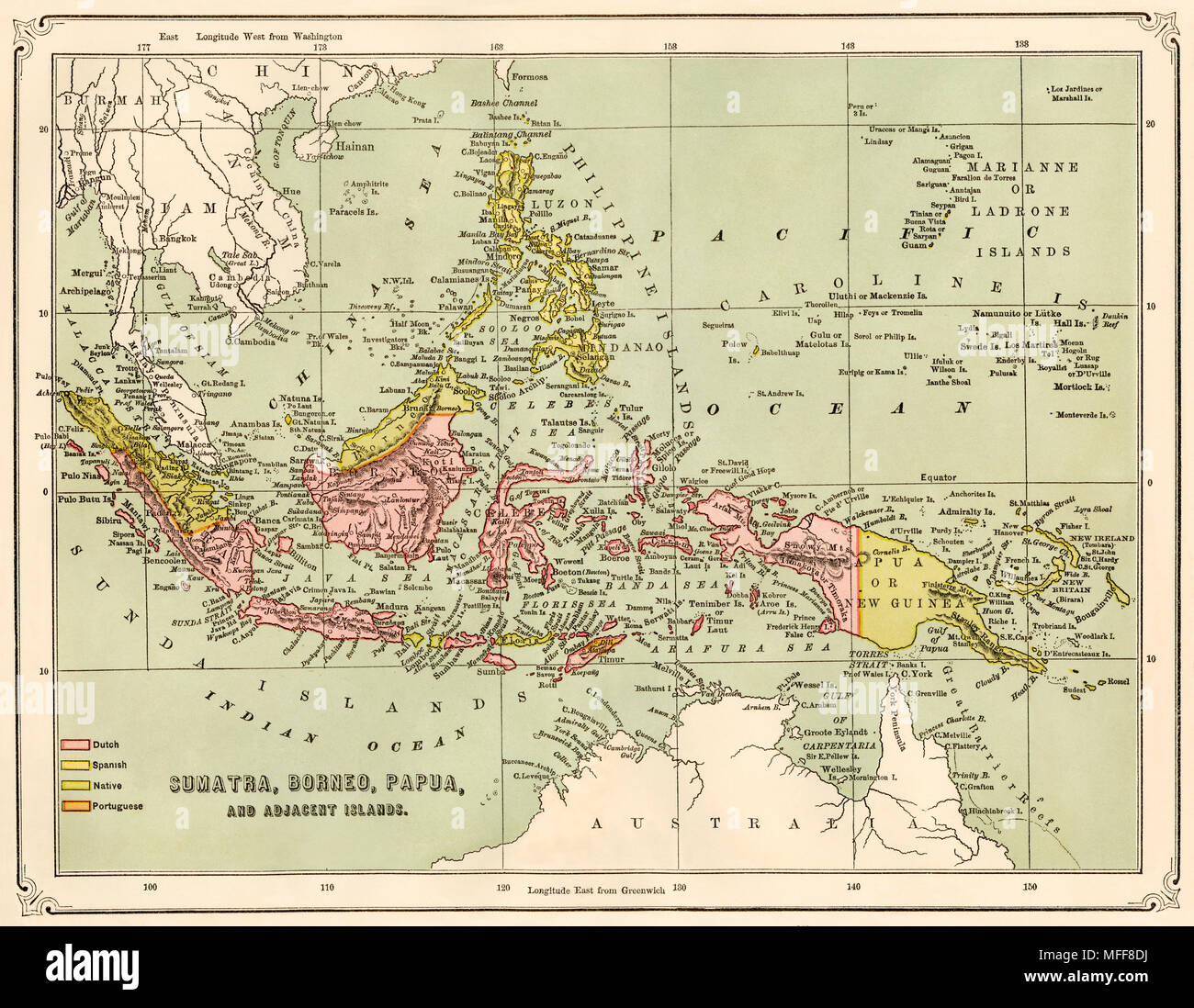 Plan de Sumatra, Bornéo, Nouvelle-Guinée et îles adjacentes, 1870. Lithographie couleur imprimée Banque D'Images