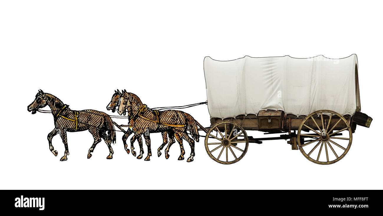 Charrette tirée par les chevaux. Combinées numériquement photographie et une à la main, gravure sur bois Banque D'Images