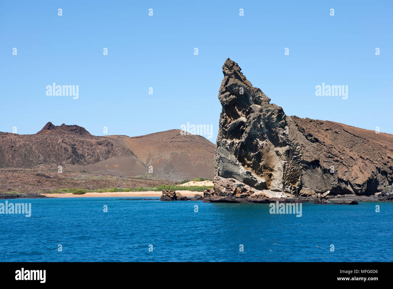 Pinnacle rock à Bartholomé Island, îles Galapagos, l'UNESCO Site du patrimoine mondial naturel, l'Équateur, de l'Océan Pacifique Banque D'Images