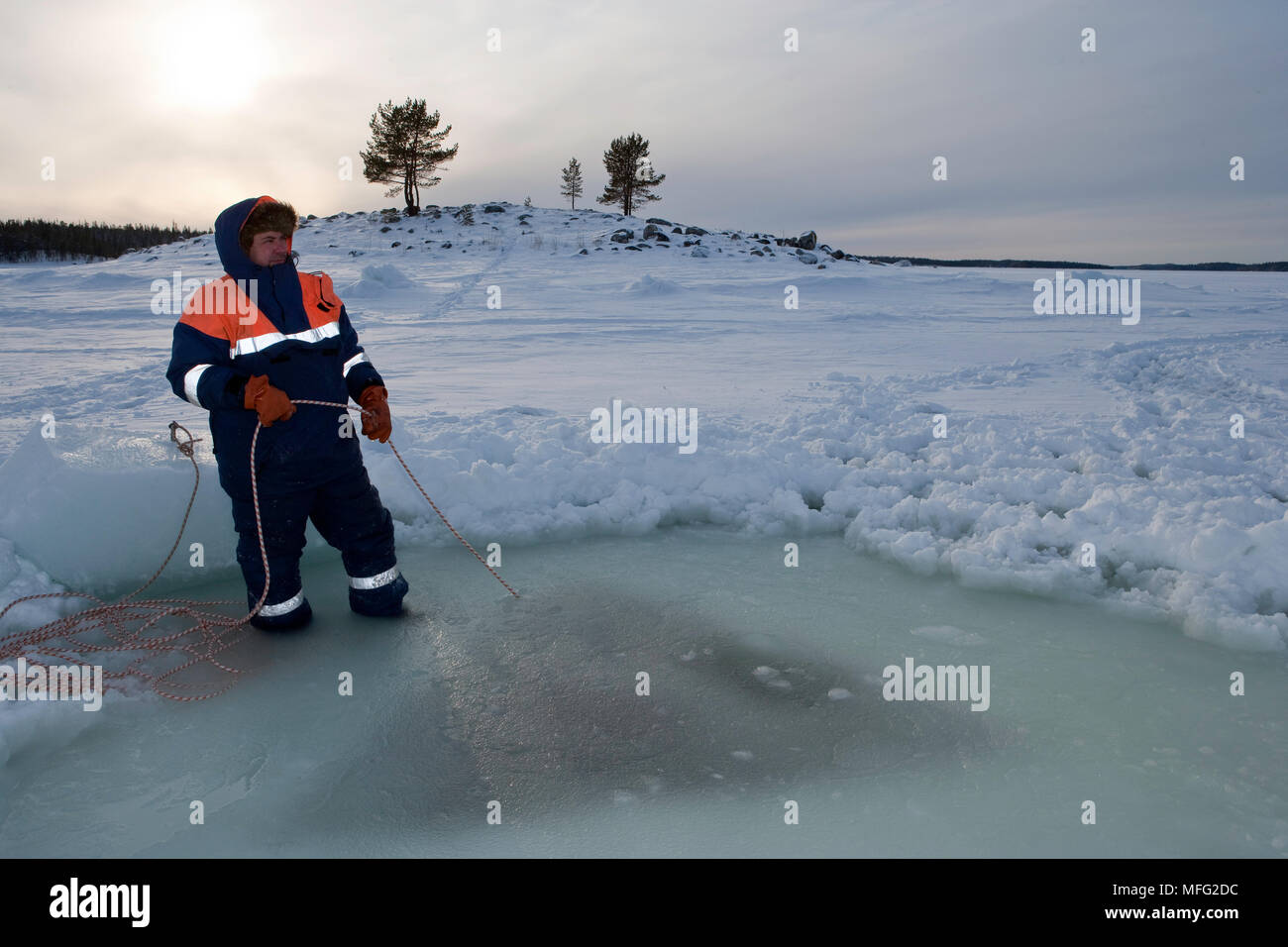 Personne qui établissent un contact avec les plongeurs à l'intérieur du trou d'entrée maina (découpe) de plonger sous les glaces du cercle arctique, centre de plongée, mer Blanche, la Carélie, n Banque D'Images