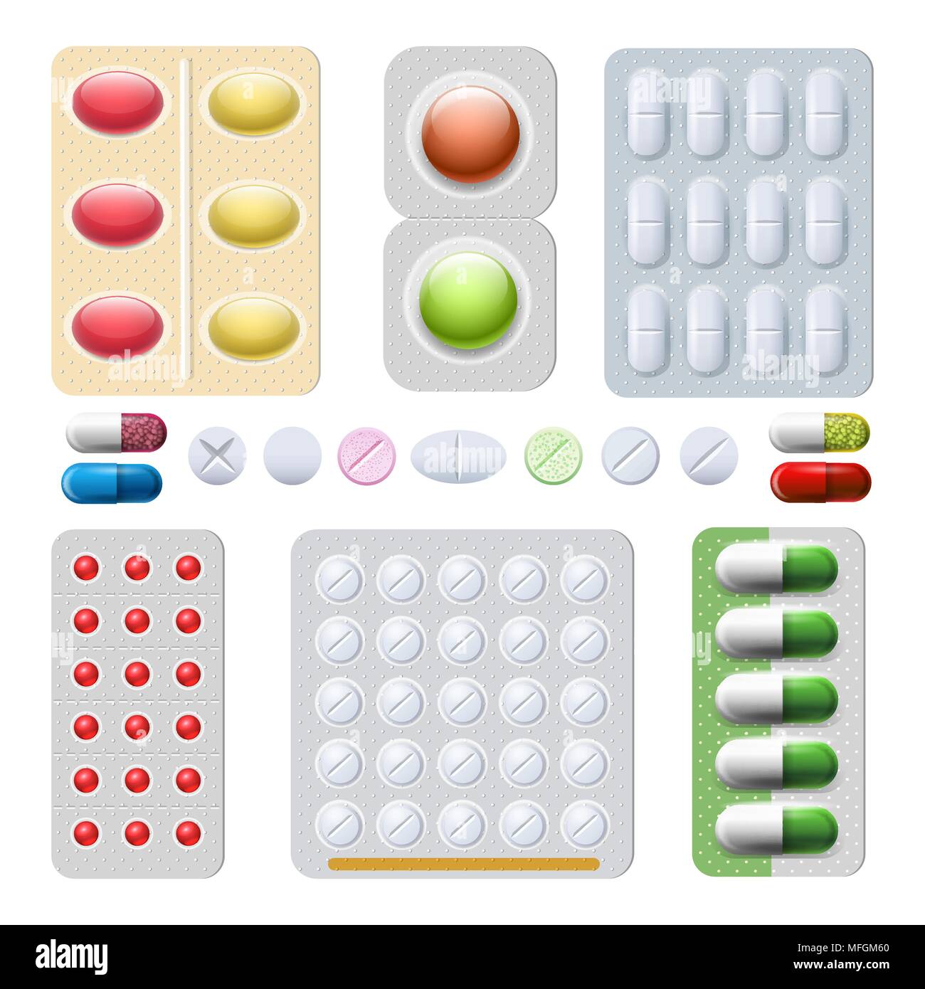 Comprimés et capsules de médicaments. Médicaments comprimés et gélules isolé sur fond blanc, médicament vecteur ou le pack d'icônes sous blister Illustration de Vecteur