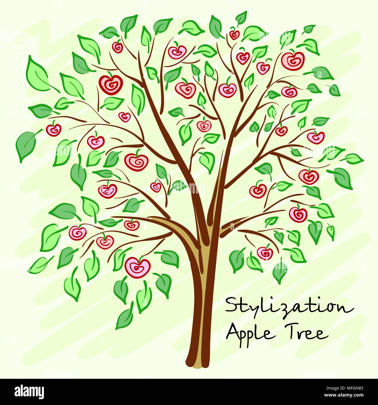 Apple tree stylisée avec lonely fruits mystérieux. Vector illustration Illustration de Vecteur