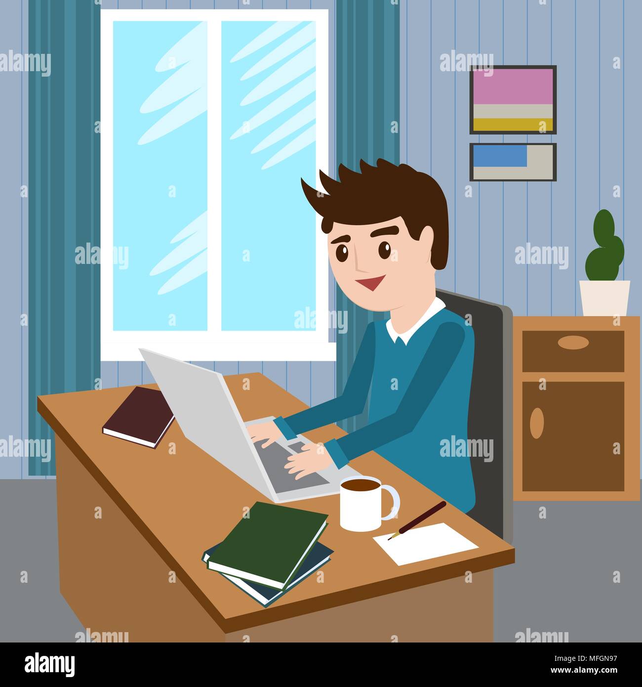 Vector illustration moderne design concept de vie de bel homme en T-shirt assis au bureau et de travail sur l'ordinateur portable dans le bureau. Est Illustration de Vecteur