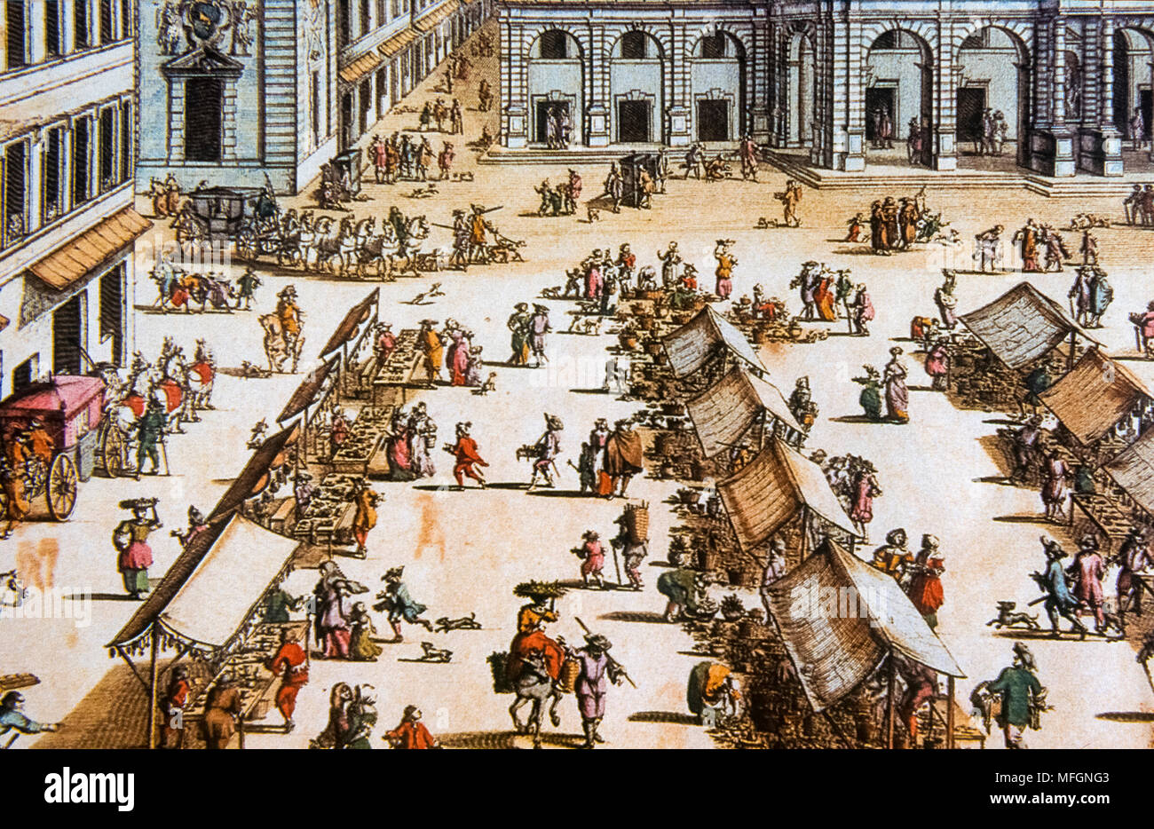 Italie Theatrum Sabaudie - marché à Turin Piazza delle Erbe -notamment de la gravure anonyme de 1674 Banque D'Images