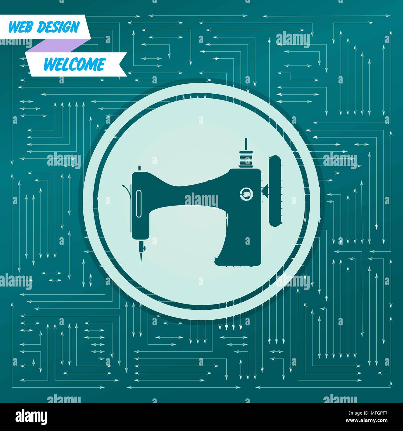 L'icône de la machine à coudre sur un fond vert, avec des flèches de différentes directions. Il apparaît sur la carte électronique. Vector illustration Illustration de Vecteur