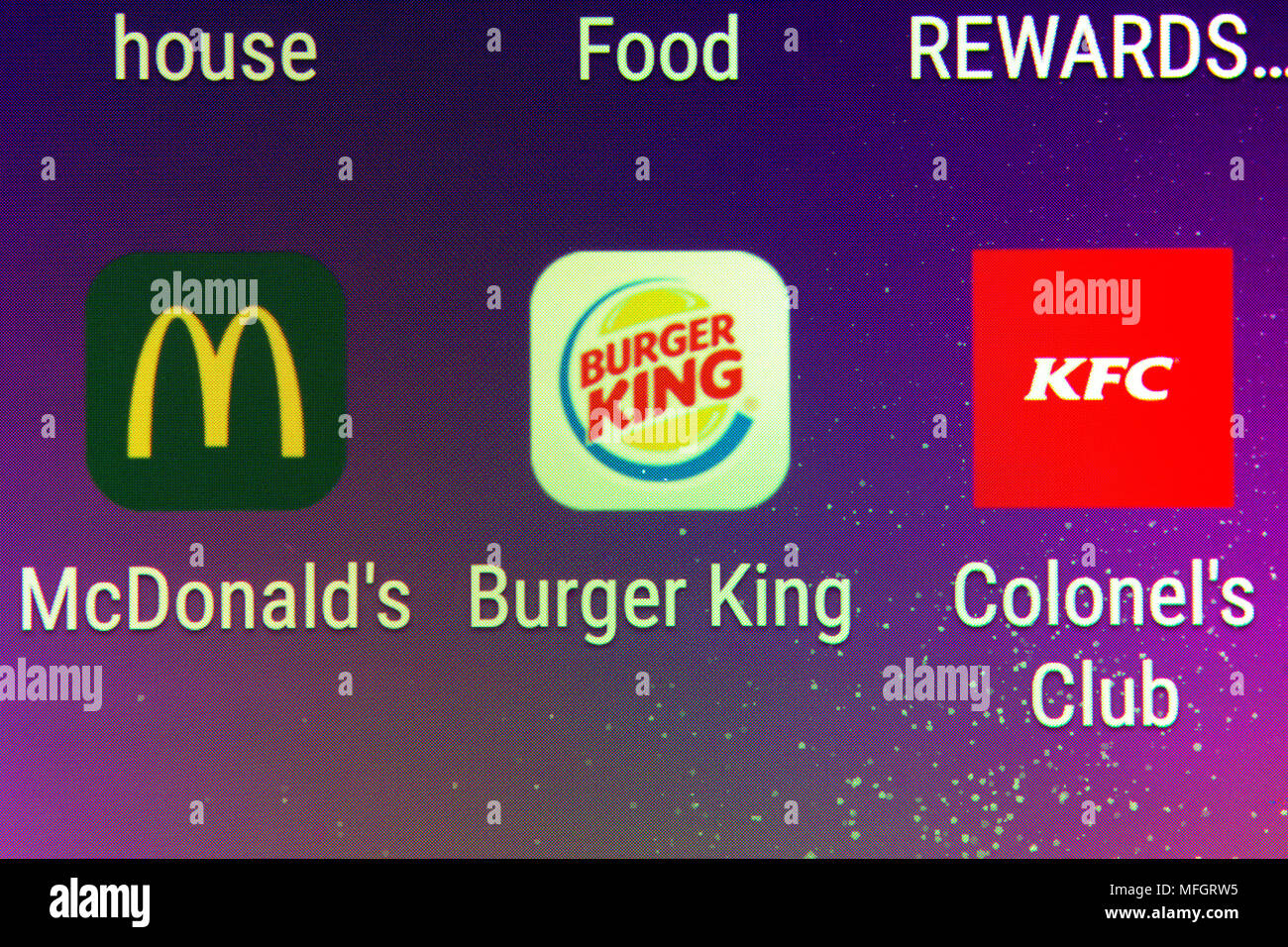 Un gros plan sur le Burger King, McDonald's et KFC téléphone mobile apps Banque D'Images
