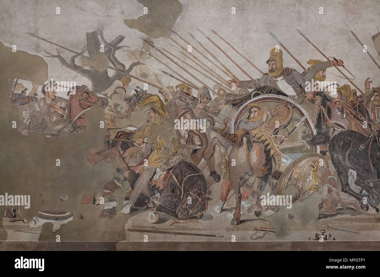 Bataille entre Alexandre le Grand et le roi Darius représenté dans la mosaïque d'Alexandre de la Casa del Fauno (Maison du Faune) à Pompéi, aujourd'hui exposées dans le Musée Archéologique National (Museo Archeologico Nazionale di Napoli) à Naples, Campanie, Italie. Alexandre le Grand est représenté à attaquer le char du roi Darius pendant l'une des batailles décisives dans la conquête de l'Est, probablement la bataille d'Issos (333 BC), la bataille de la rivière Granicus (334 BC) ou la bataille de Gaugamela (331 BC). Banque D'Images