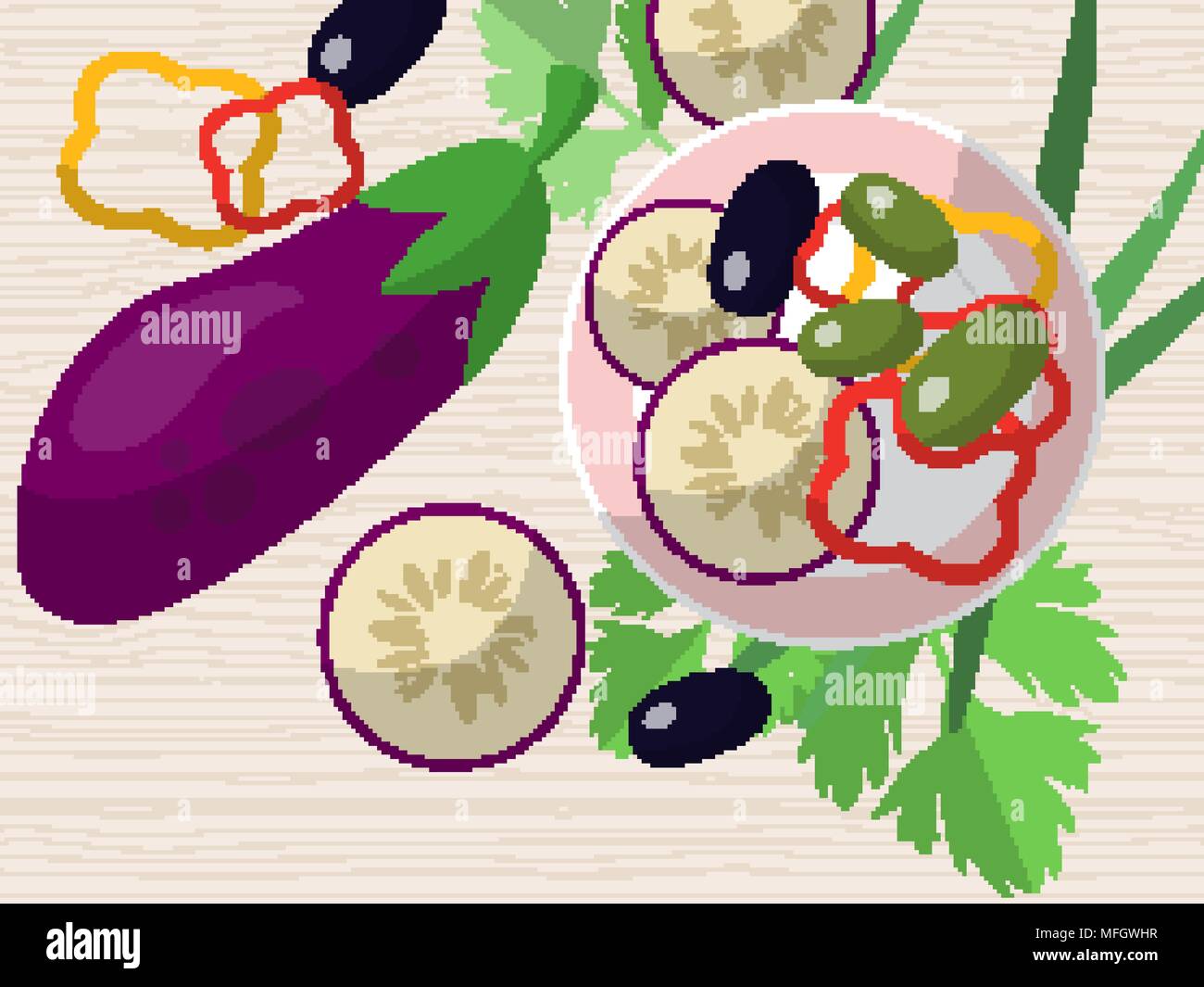 Nature morte à l'aubergine, les poivrons, les olives hachées, les herbes fraîches et d'une assiette sur la table. Vector illustration Illustration de Vecteur