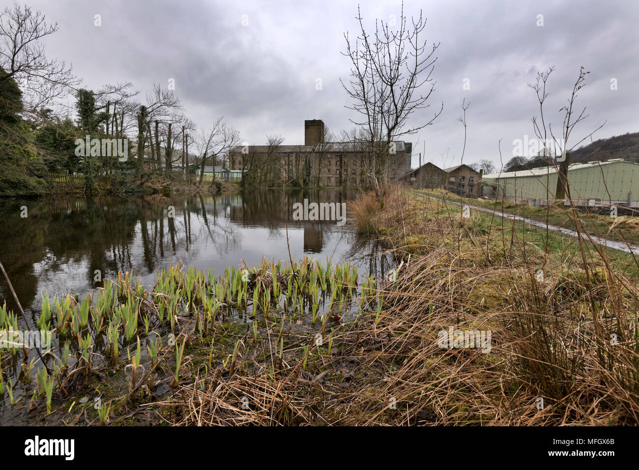 Ancienne filature de coton à Langcliffe, près de régler, Yorkshire du Nord. L'usine produit maintenant des emballages en carton. Banque D'Images