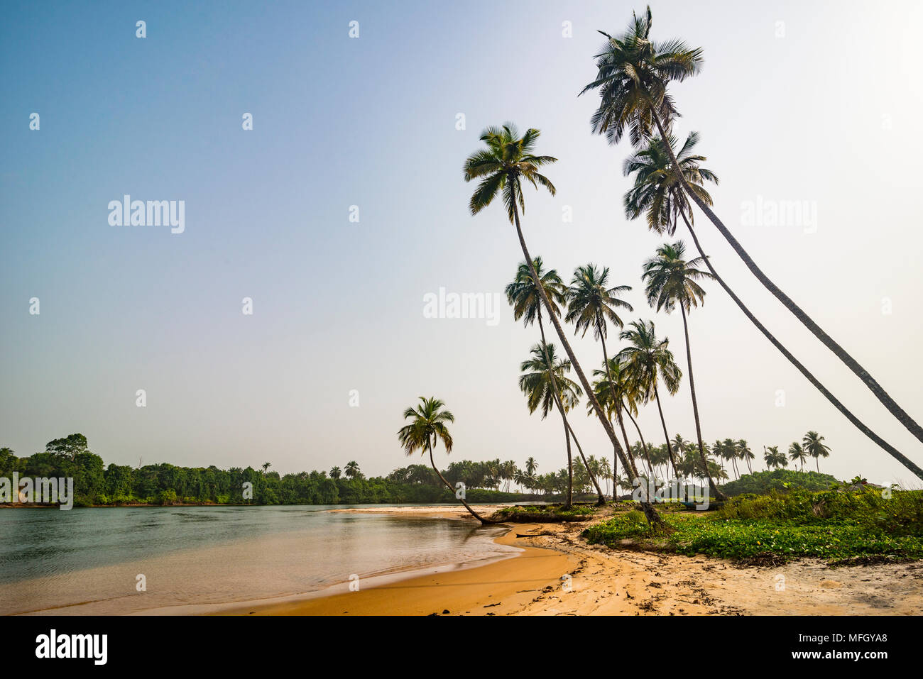 Rivière qui coule dans l'océan au sud de Buchanan, au Libéria, en Afrique de l'Ouest, l'Afrique Banque D'Images