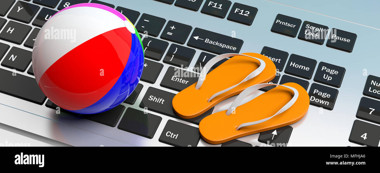 Ballon de plage et tongs sur clavier d'ordinateur. 3d illustration Banque D'Images