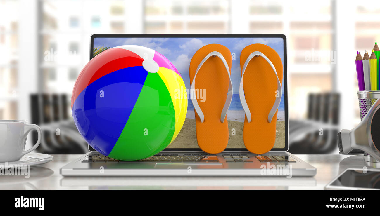 Ballon de plage et tongs sur un ordinateur, le flou d'arrière-plan du bureau. 3d illustration Banque D'Images