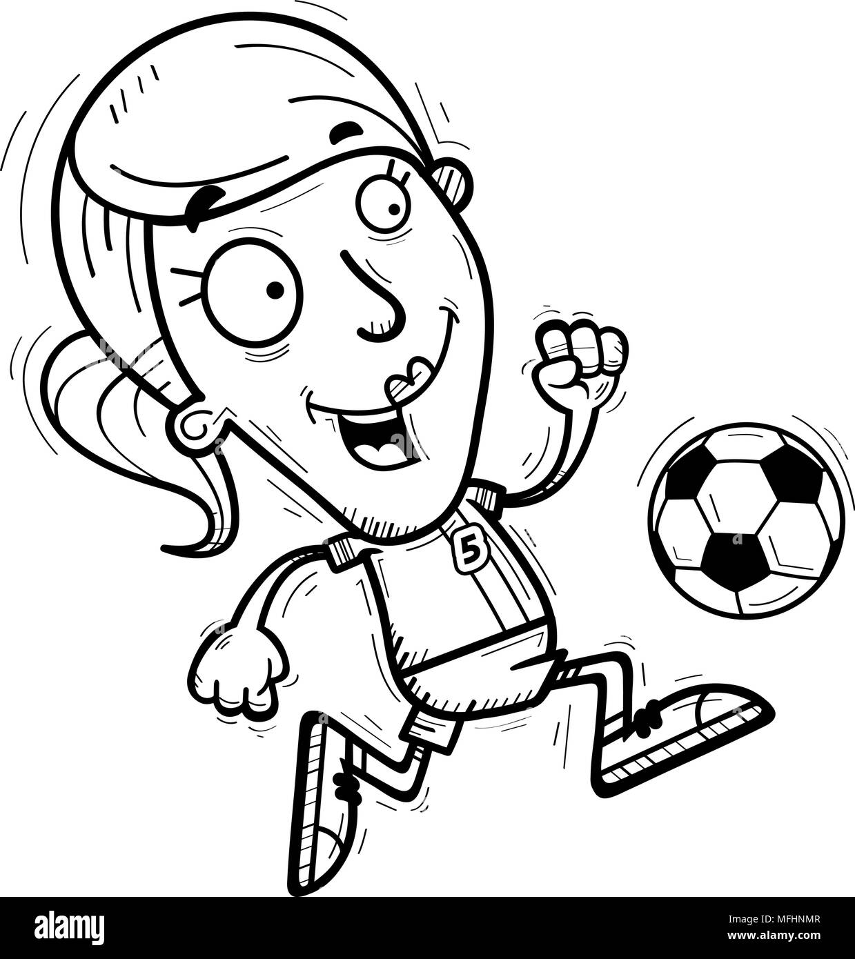 Illustration d'une caricature d'un joueur de soccer femme dribbler un ballon de soccer. Illustration de Vecteur