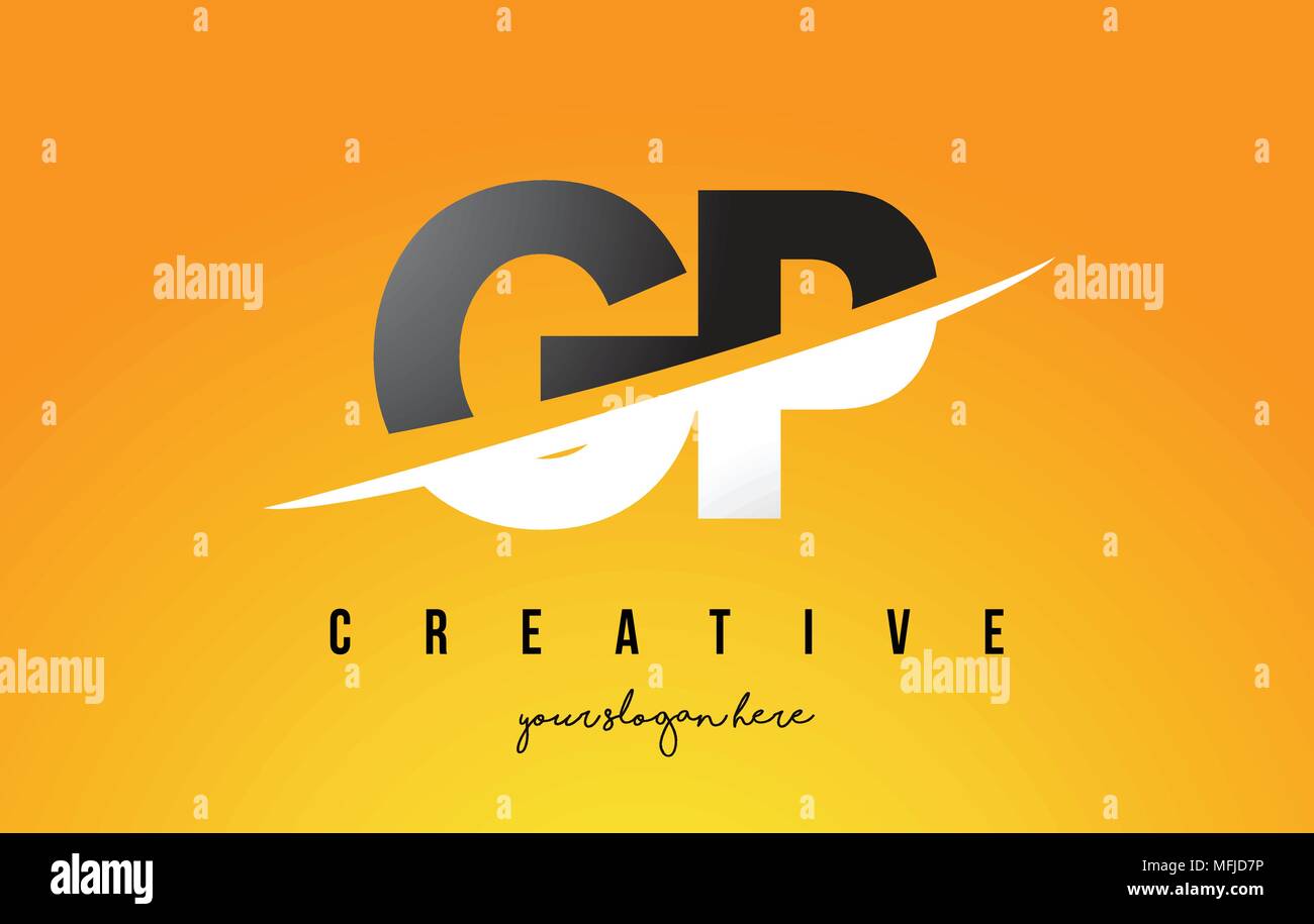 GP G P Lettre Logo Design moderne avec des lettres au milieu coupe Swoosh et fond jaune. Illustration de Vecteur