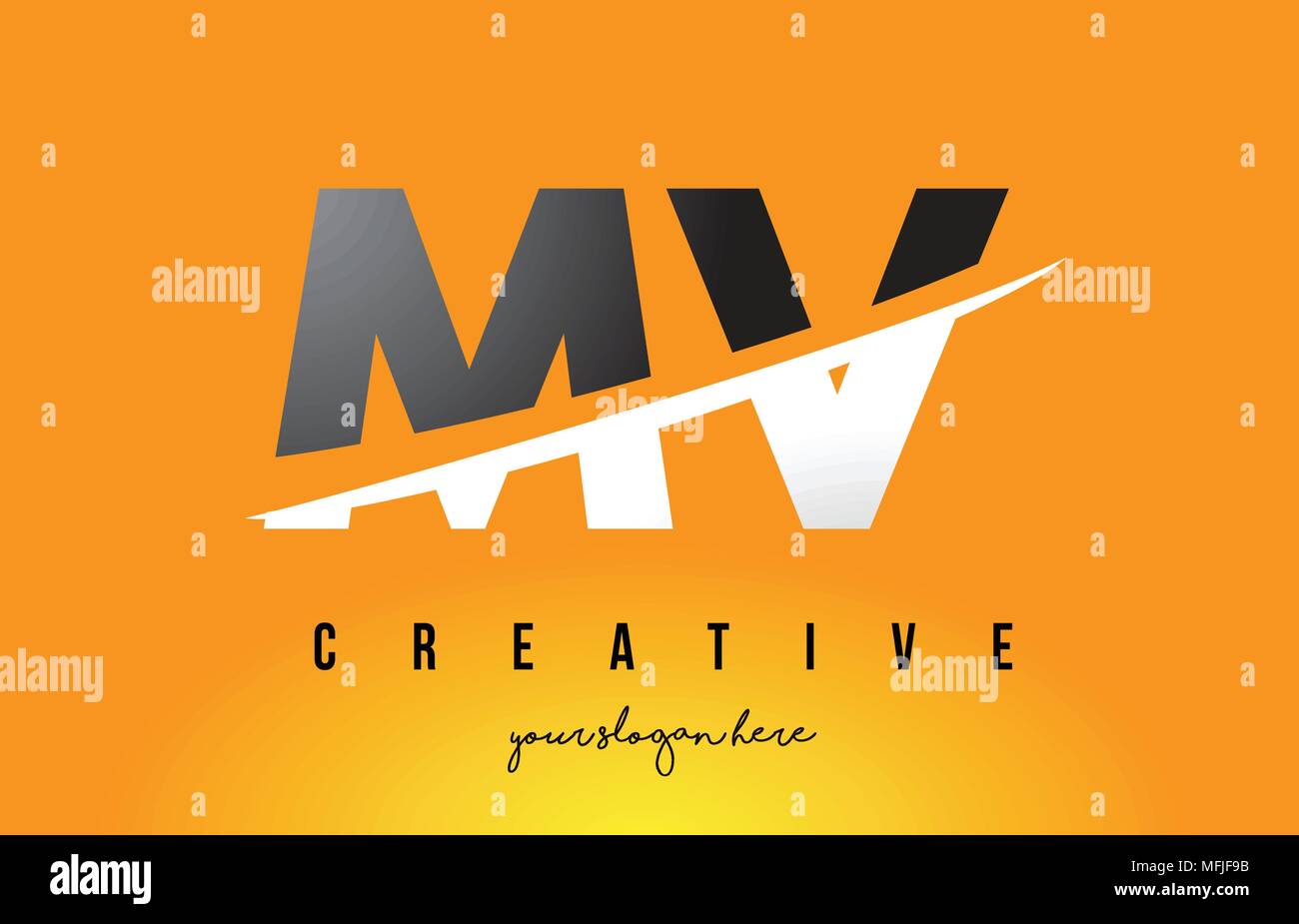 MV M V Lettre Logo Design moderne avec des lettres au milieu coupe Swoosh et fond jaune. Illustration de Vecteur