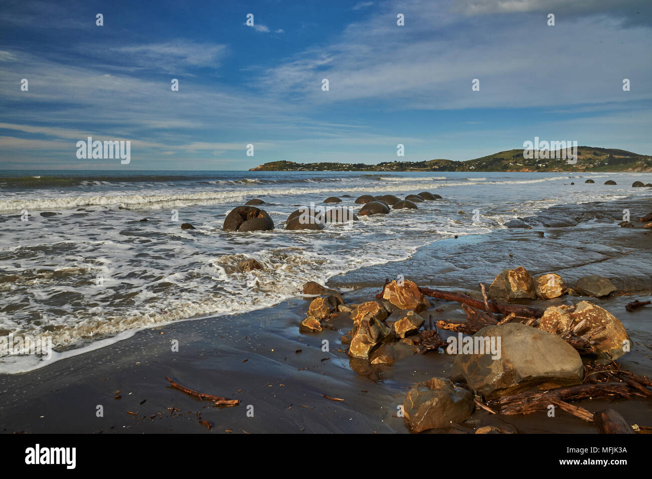 Moeraki Boulders, un groupe de très gros rochers sphériques sur Koekohe plage près de Moeraki sur la côte d'Otago, île du Sud, Nouvelle-Zélande, Pacifique Banque D'Images