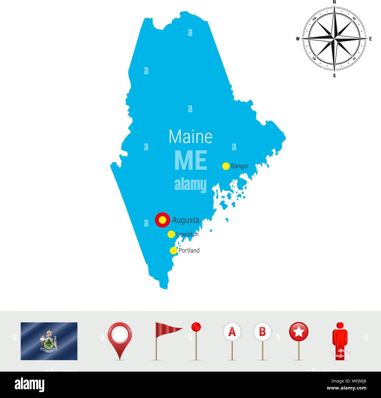 Maine Carte vectorielle isolé sur fond blanc. Silhouette très détaillés de l'État du Maine. Drapeau vecteur du Maine. Les marqueurs de carte 3D ou de communication, navigation E Illustration de Vecteur