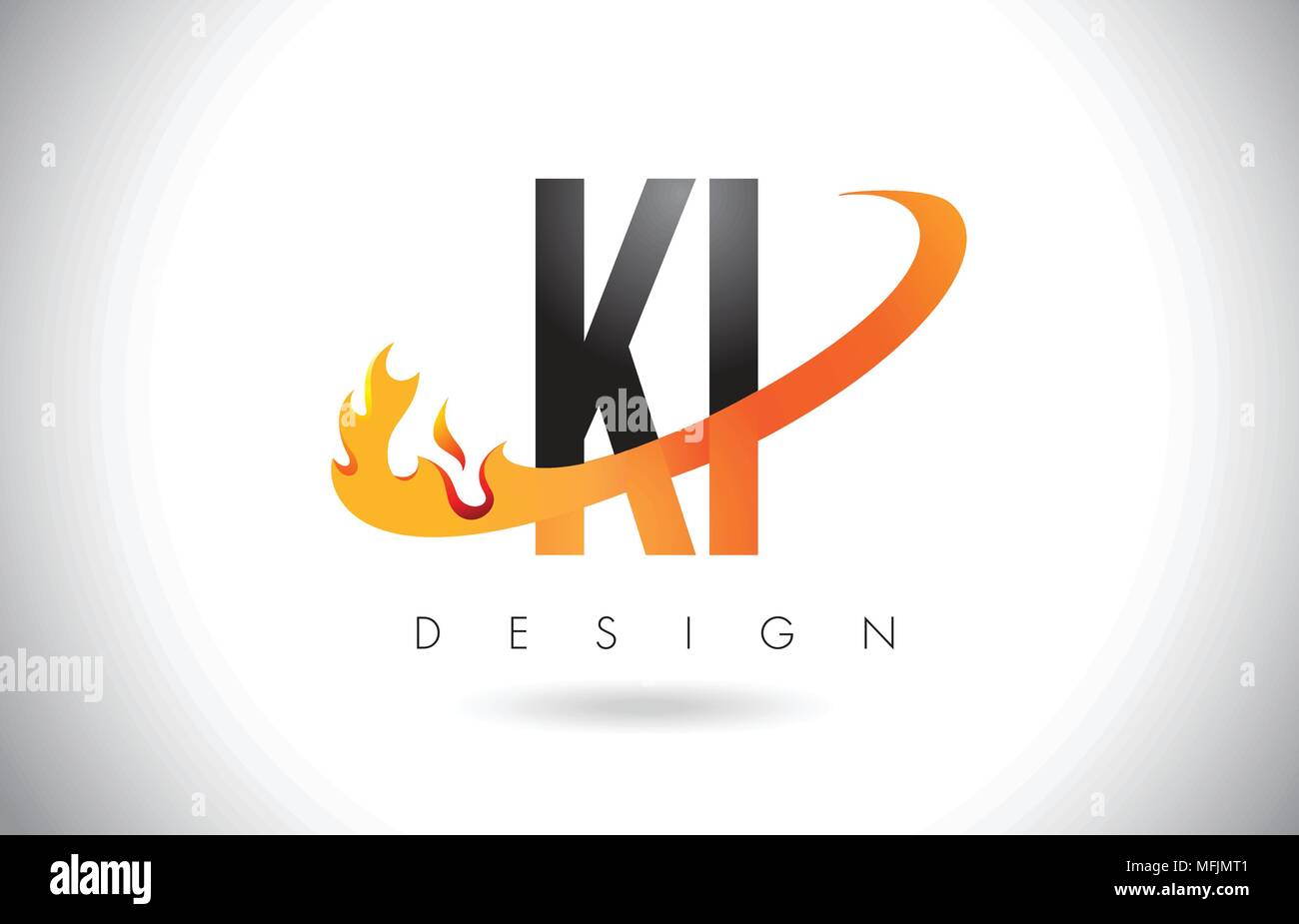 KI K I Lettre Logo Design avec le feu et flammes Swoosh Orange Vector Illustration. Illustration de Vecteur