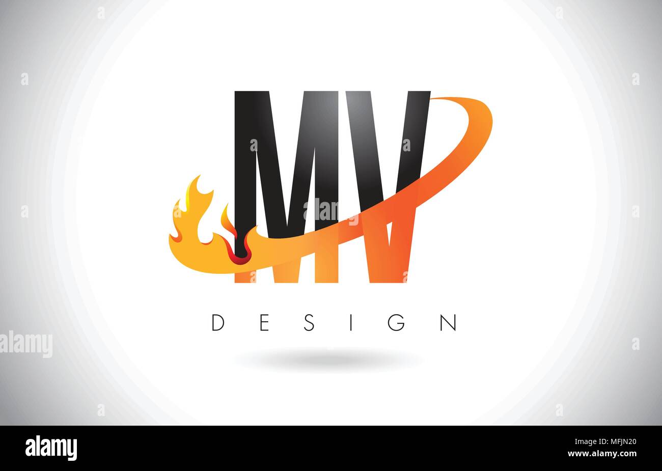 MV M V Lettre Logo Design avec le feu et flammes Swoosh Orange Vector Illustration. Illustration de Vecteur