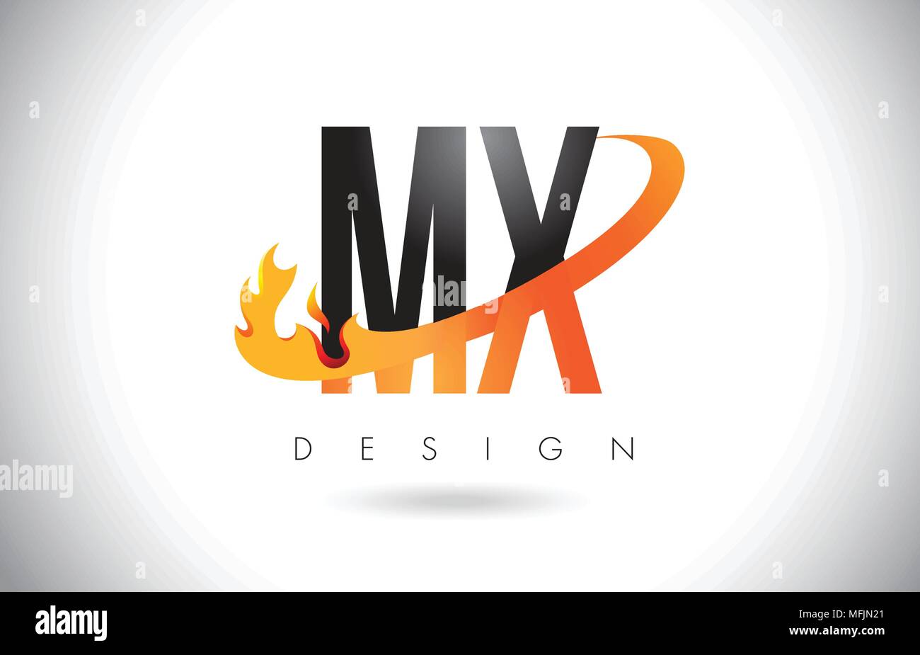 MX M X Lettre Logo Design avec le feu et flammes Swoosh Orange Vector Illustration. Illustration de Vecteur