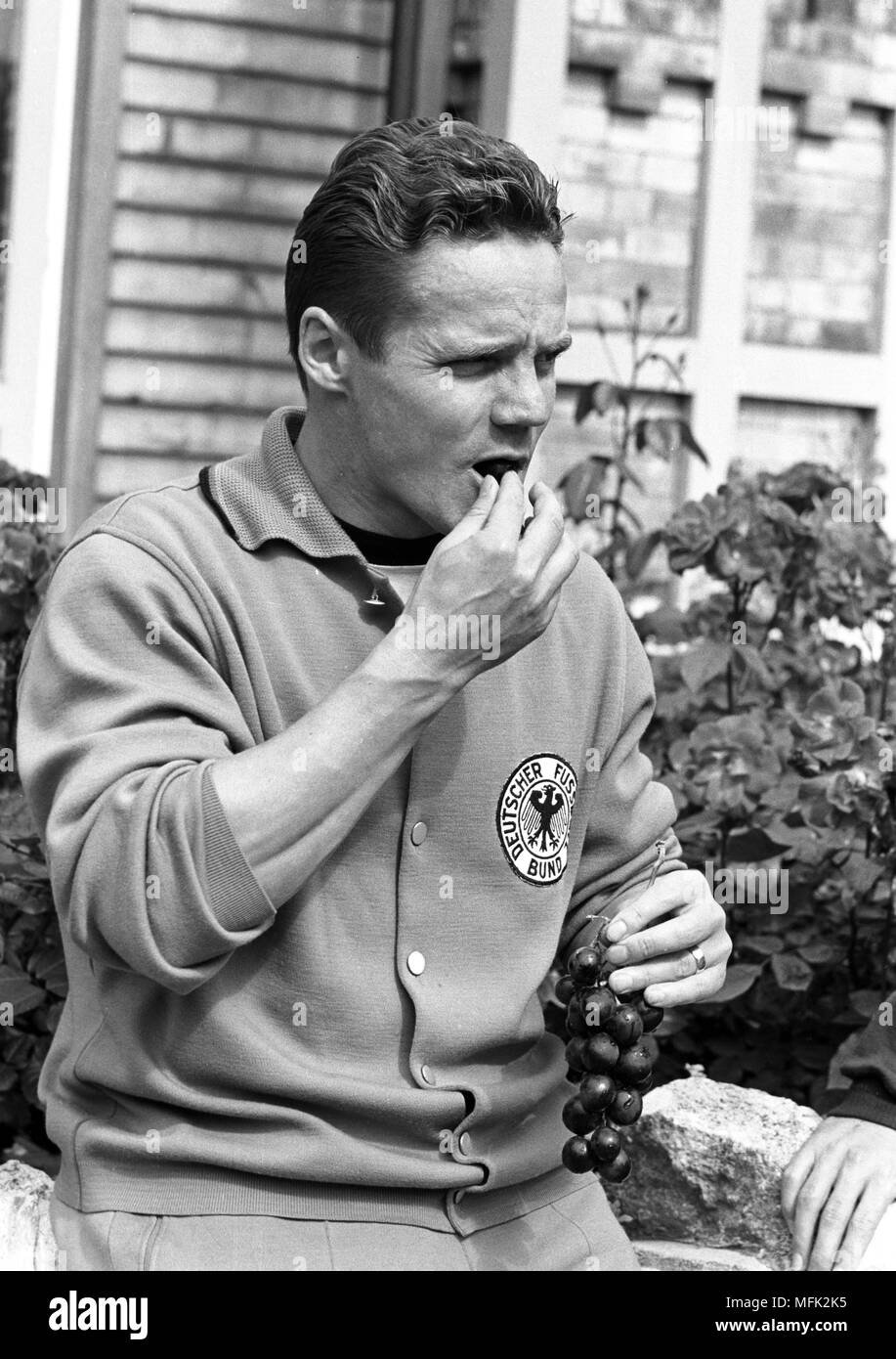 Coupe du Monde de Football 1966 - Joueur de l'équipe nationale allemande Albert Bruells mange le raisin. Dans le monde d'utilisation | Banque D'Images