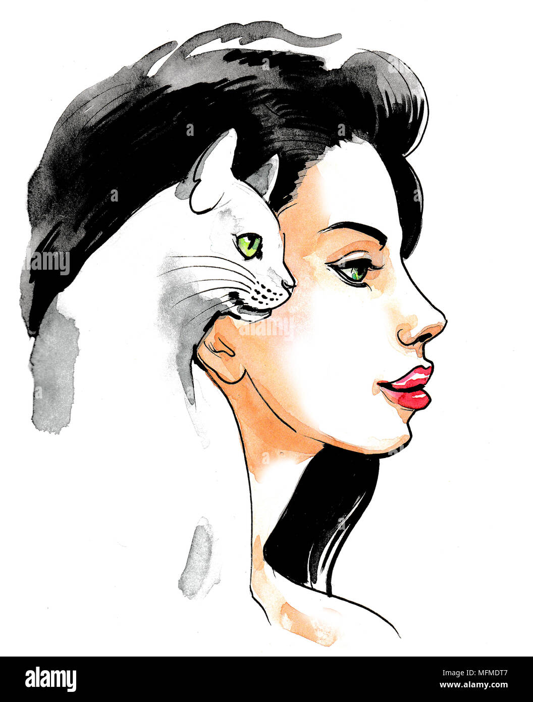 Belle Brune Femme Avec Un Chat Blanc Encre Et Aquarelle Illustration Photo Stock Alamy