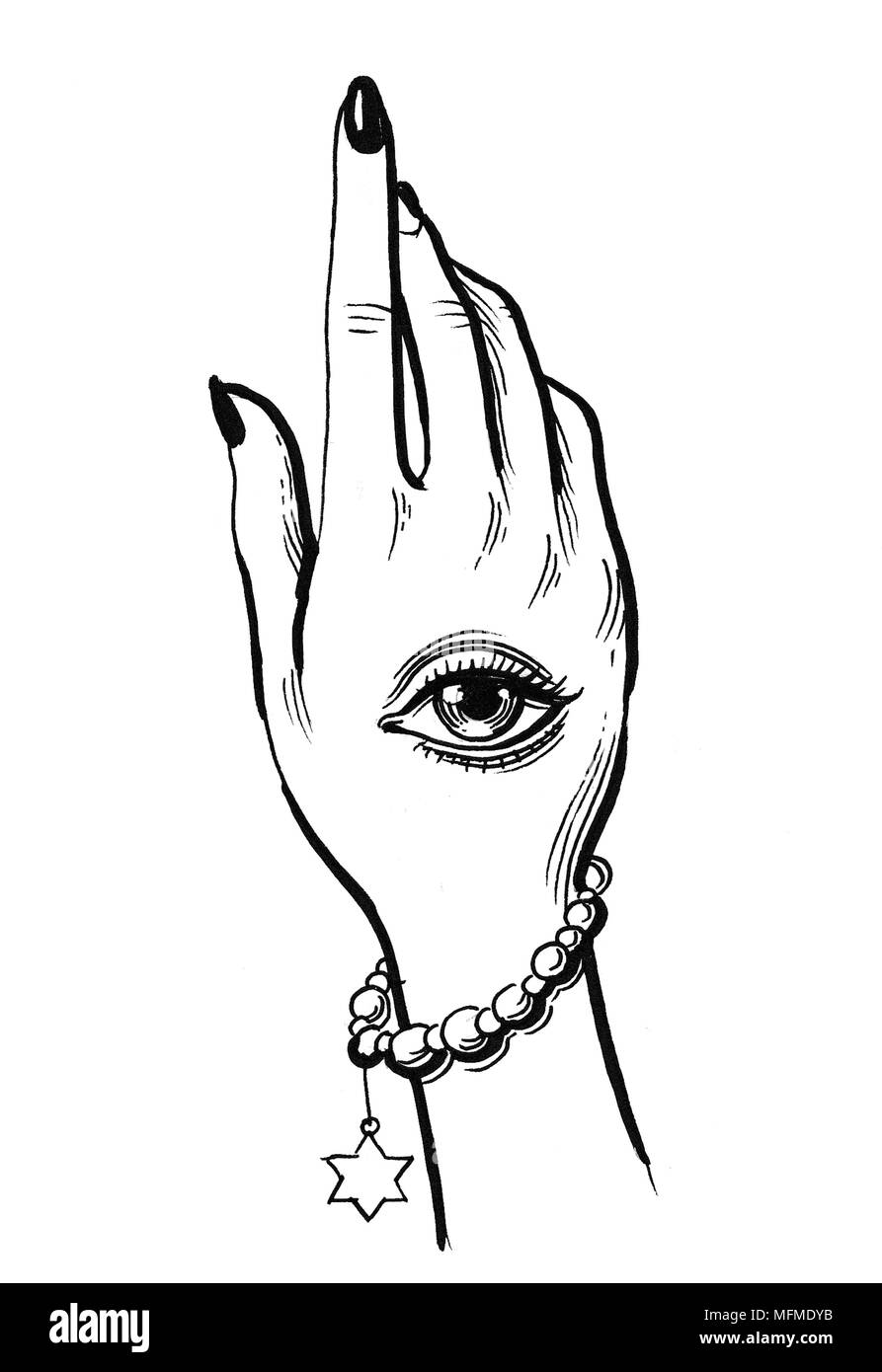 La main avec les yeux. Illustration noir et blanc Encre Banque D'Images