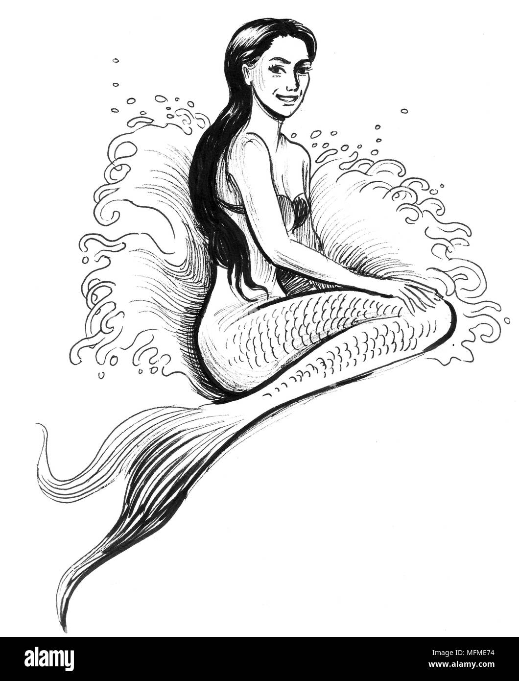 Belle merrmaid. Illustration noir et blanc Encre Banque D'Images