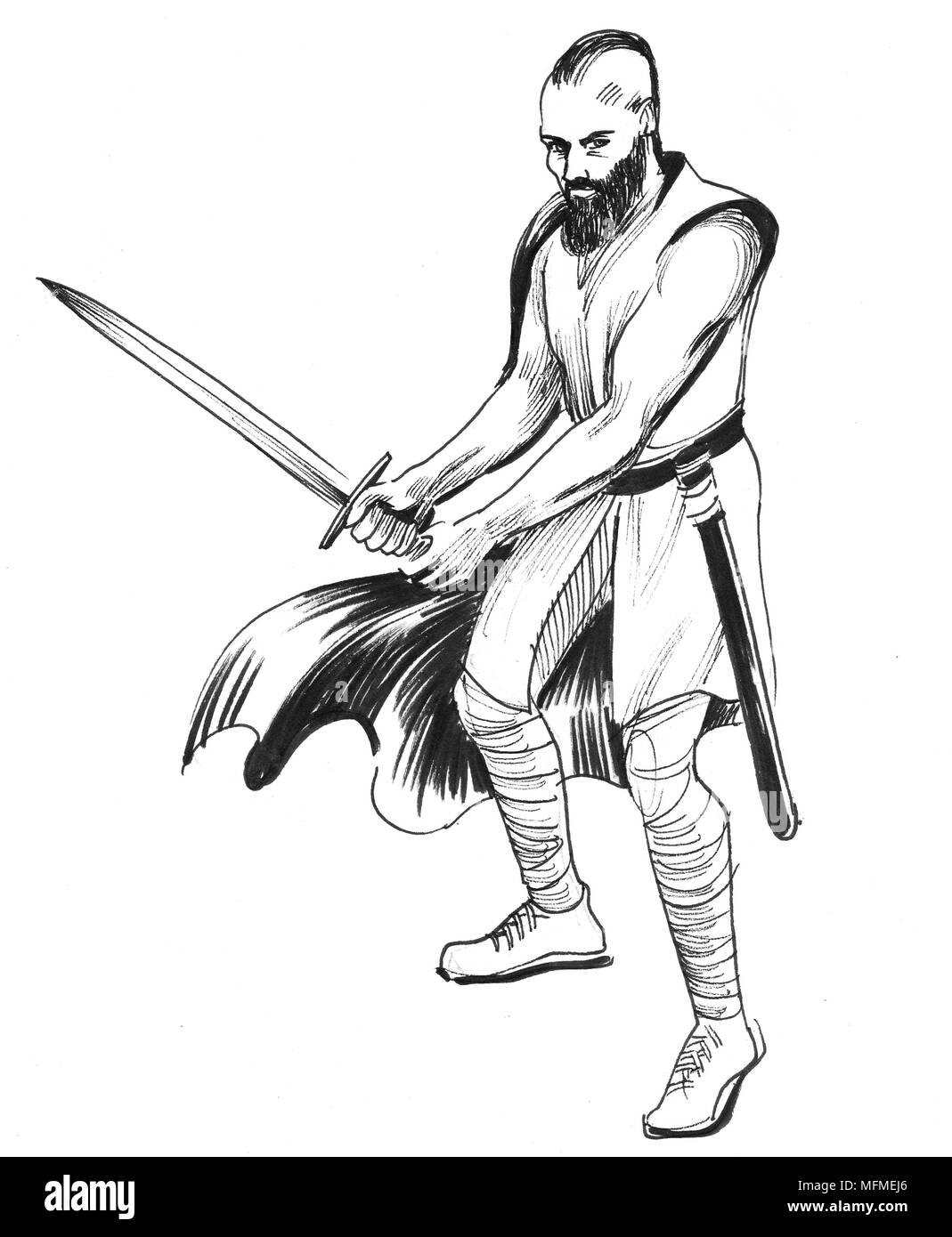 Avec une épée Viking. Dessin noir et blanc Encre Banque D'Images