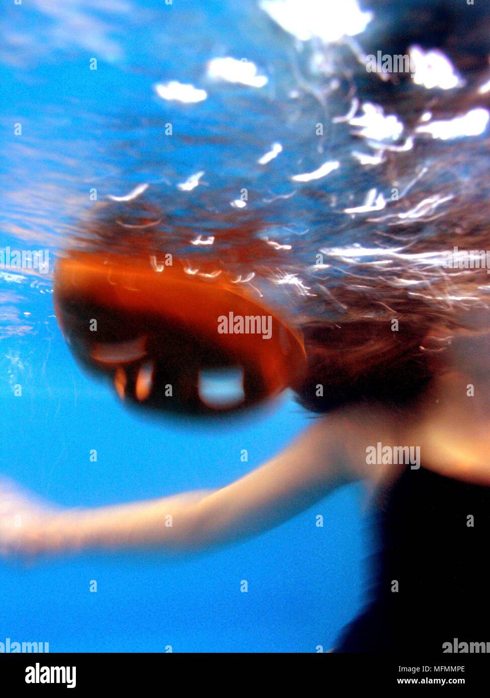 Woman swimming underwater Ref : CRB416_10009_064 crédit obligatoire : Kate Morwenna Sem - Allemand/Healey Banque D'Images