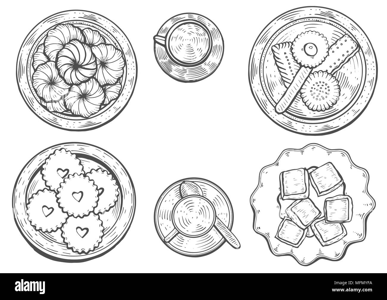 Faites à la main. Douceurs orientales illustration vectorielle. Moyen-orientaux. Arrière-plan de menu alimentaire. vue d'en haut. Modèle de conception de Monochrom. Illustration de Vecteur