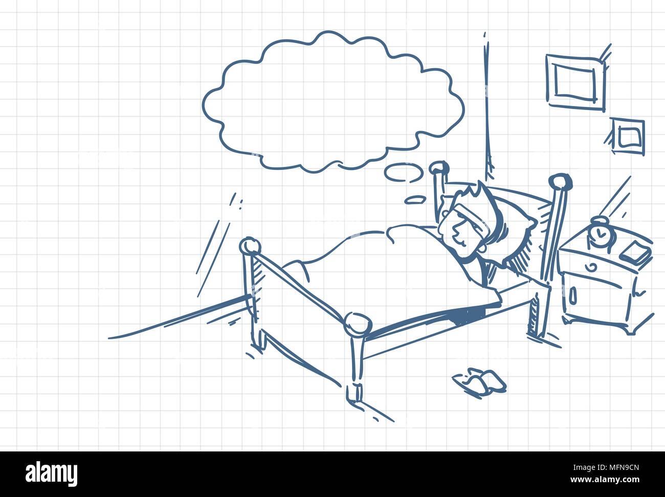 Sketch Man Sleeping In Bed de rêve sur fond carré Doodle Illustration de Vecteur