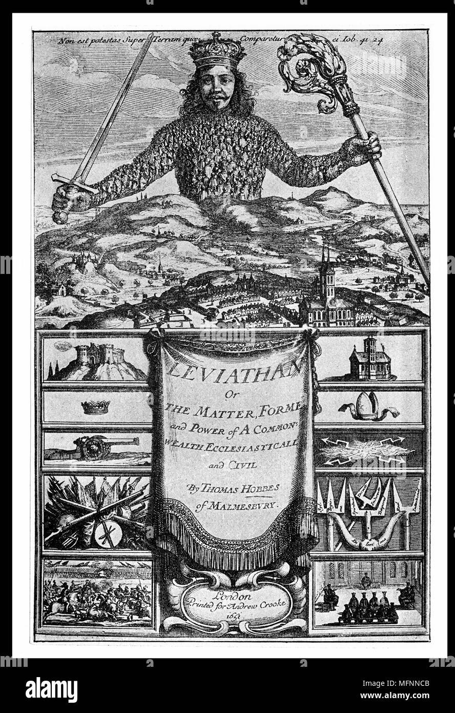 Page de titre de 'Leviathan' par Thomas Hobbes (Londres, 1651). Hobbes (1588-1679) philosophe politique anglais. Soutenu pour règle absolue. Banque D'Images