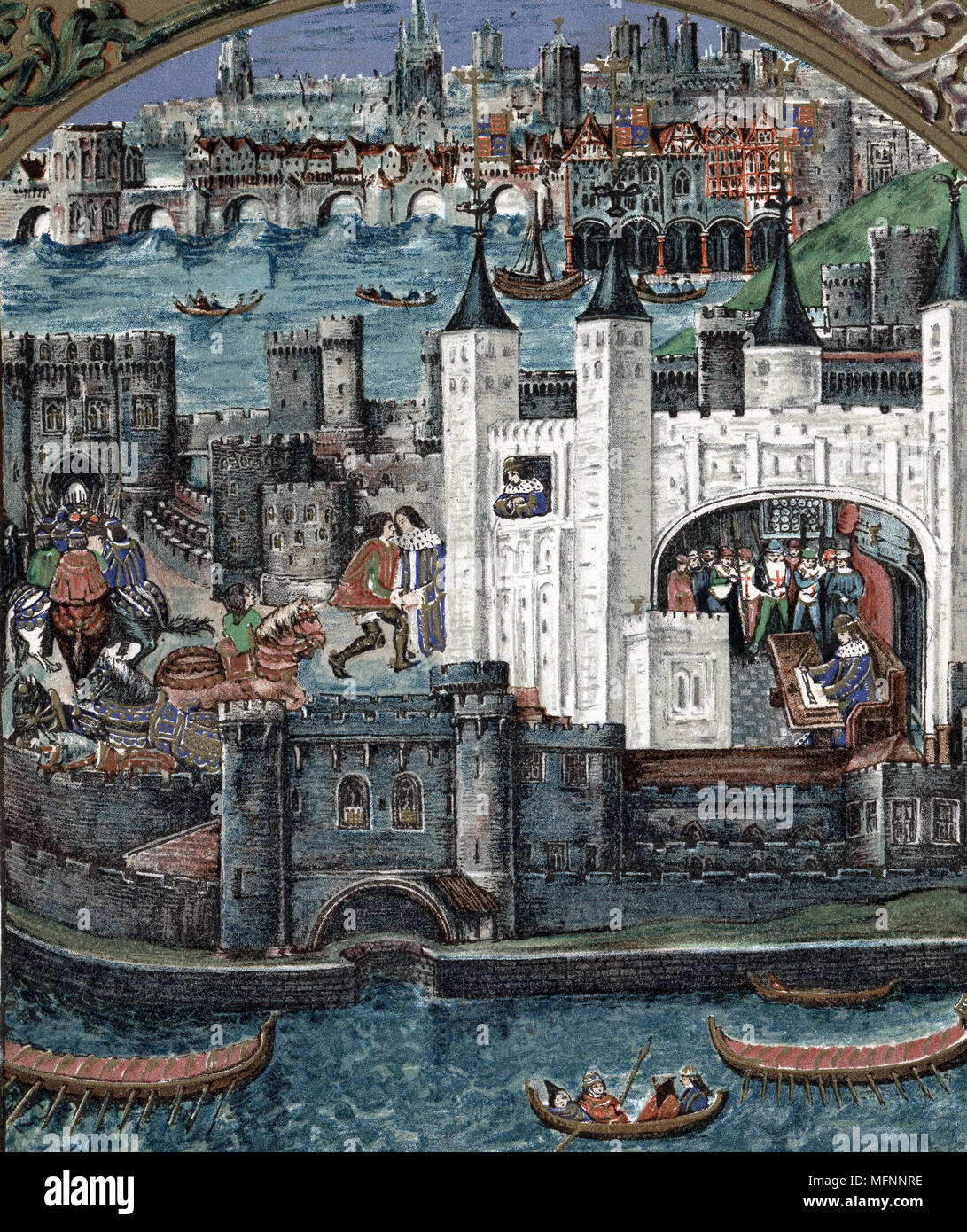 Henry VII (1457-1509) Roi d'Angleterre et d'Irlande de 1485. Premier monarque Tudor. King à la Tour de Londres un message d'invité, à la recherche d'une fenêtre, la signature d'un document dans la Tour Blanche. En arrière-plan est Vieux Pont de Londres sur la Tamise. En premier plan la Tamise est barques et porte d'eau dans la tour. Du manuscrit de poèmes de Charles Duc d'Orléans. Narration en illustration. Banque D'Images