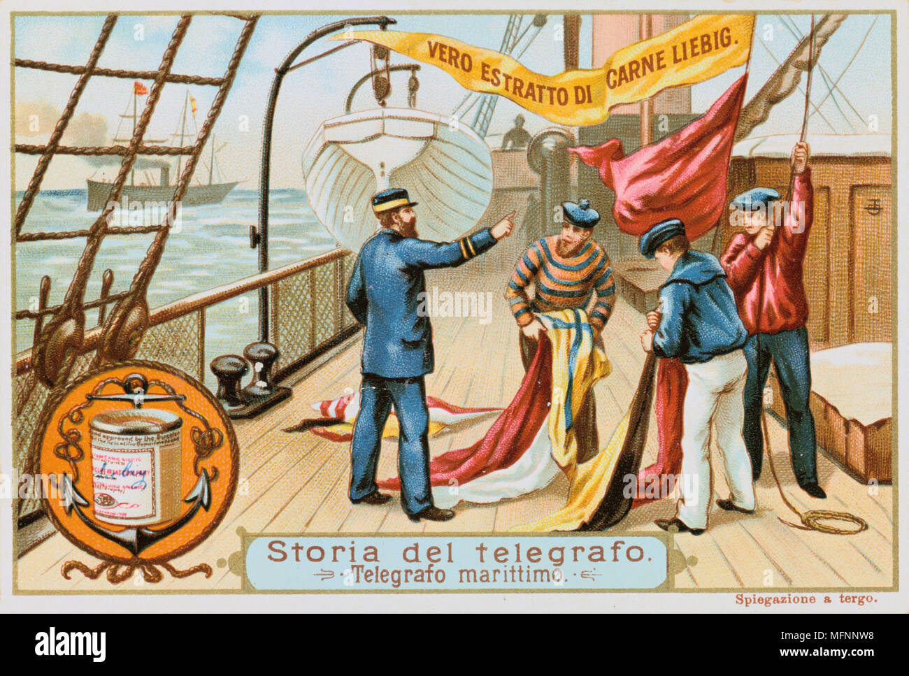 Télégraphe aérien : Naval sémaphore. Drapeaux de levage des marins qui ont été assemblés pour transmettre un message à un navire à proximité. Liebig trade card émis c.1900. Chromolithographie . Banque D'Images