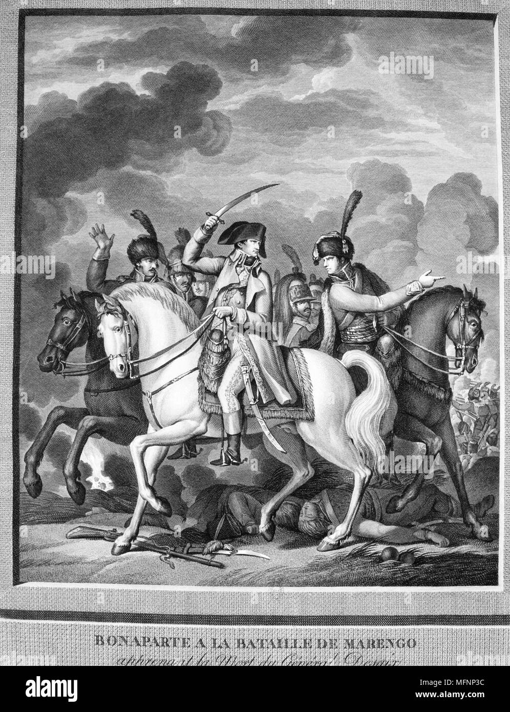 Napoléon à la bataille de Marengo, le 14 juin 1800, dit de la mort du général Desaix. Les forces françaises sous Napoléon défait les autrichiens. Gravure Banque D'Images